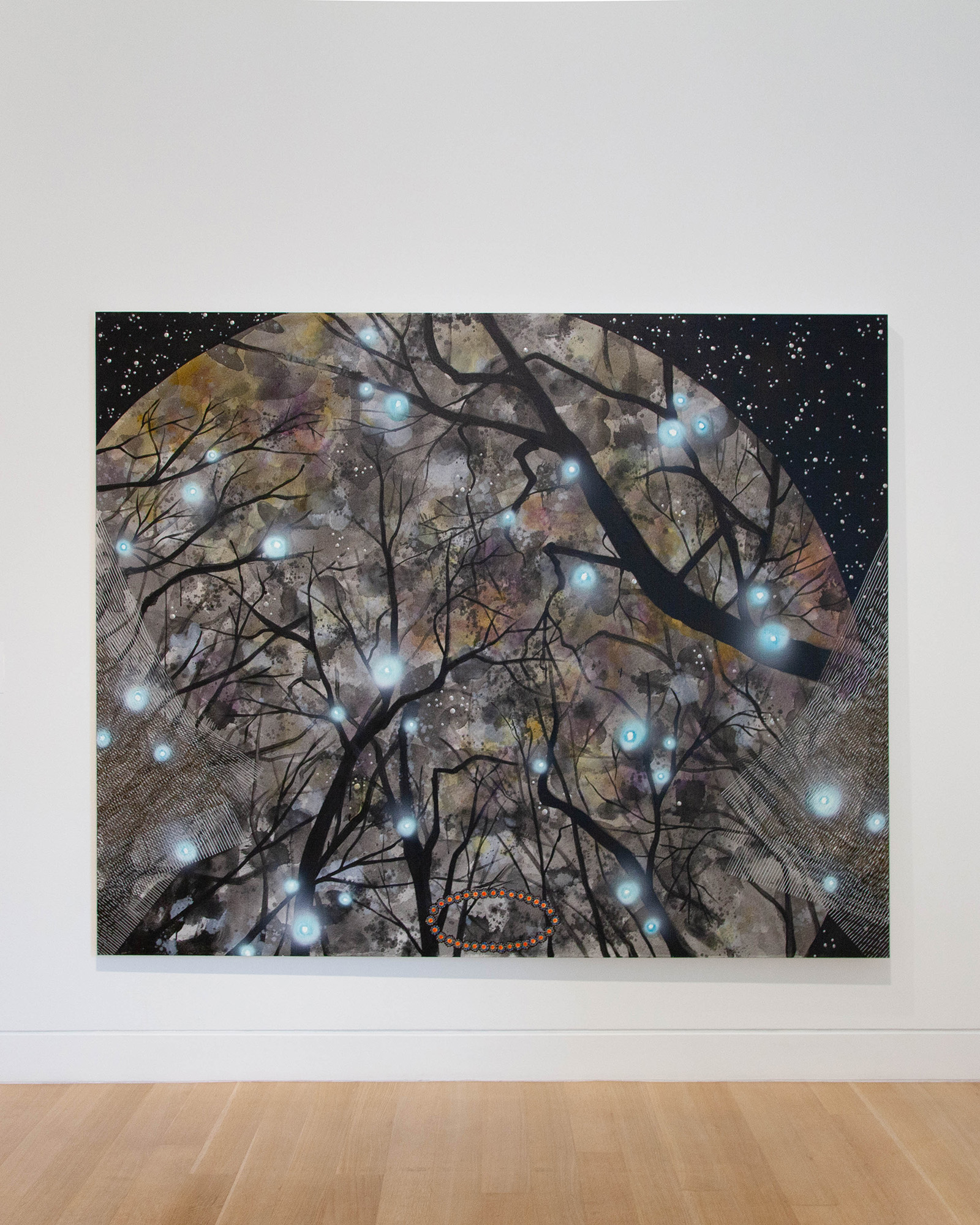 Michiko Itatani, Brown Dwarf, from Cosmic Encounter 17-B-2, 2017. Courtesy of the artist. Installation view in New Age, New Age: Strategies for Survival at DePaul Art Museum, 2019. Photo: DePaul Art Museum